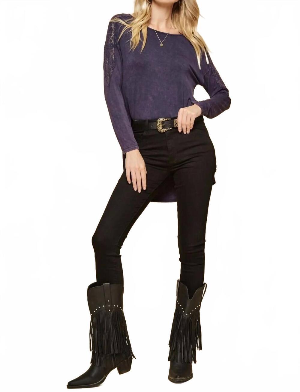 NEW ANDREE BY UNIT kennedy long sleeve knit top with lace in indigo blue